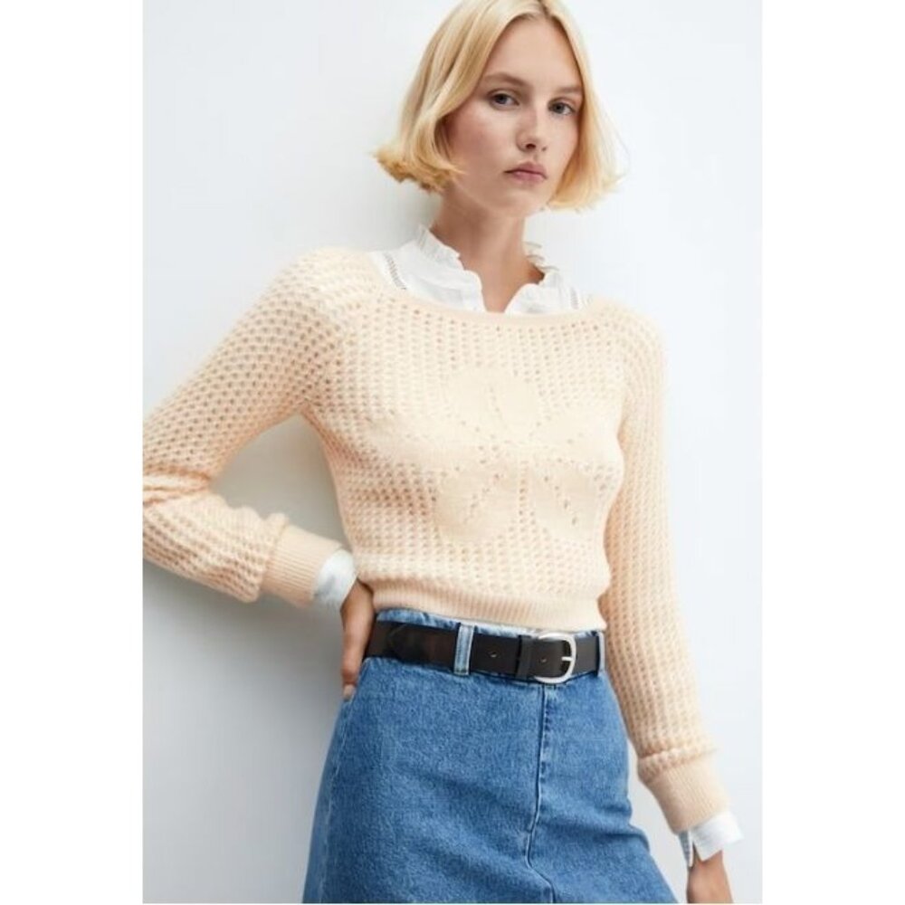 NWT MANGO Open Work Boat Neck Sweater Cream Sz S [jb]